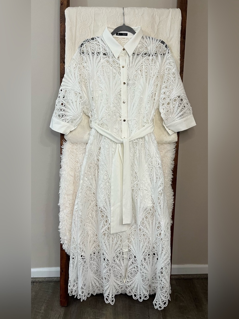 White Lace Maxi Shirt Dress with Belt